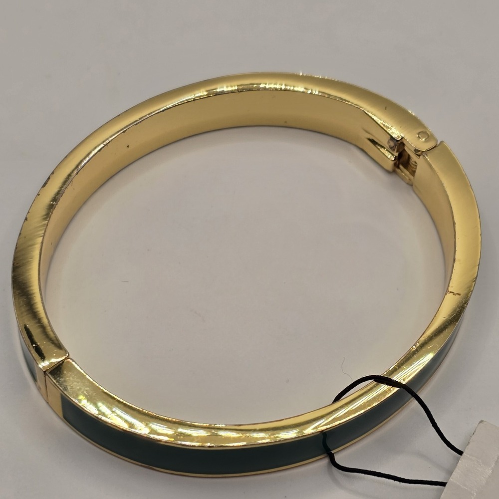 Talbots Green Enamel Hinged Bangle Bracelet Gold Tone Clamp Signed - Picture 8 of 15